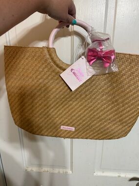 Juicy Couture Tan Woven Tote with Pink Handles and Bow Charm